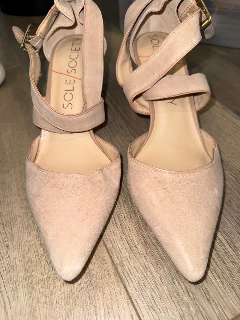Sole Society Blush Suede Pointed-Toe Ankle Strap Heels